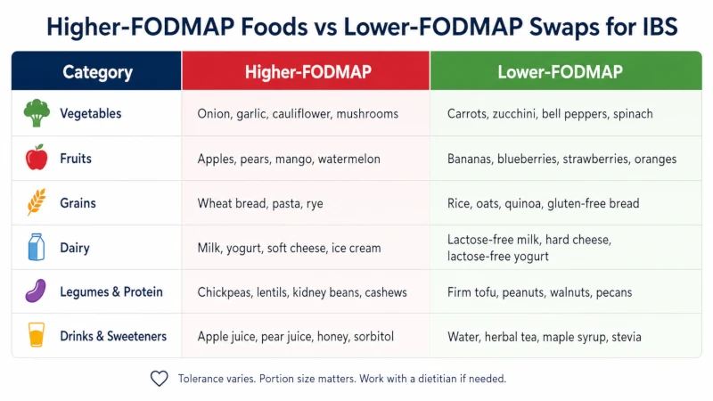 Side-by-side table of higher-FODMAP foods and lower-FODMAP alternatives for IBS.