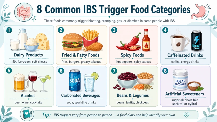Infographic of eight common IBS trigger food categories. Top ibs foods to avoid.