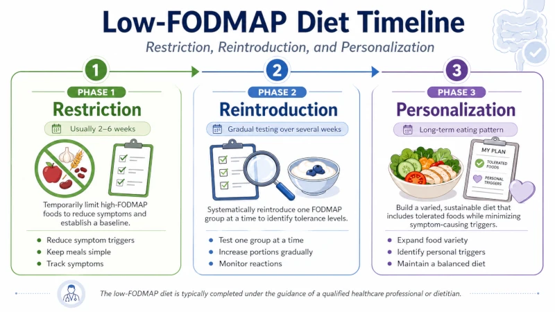 Timeline showing the restriction, reintroduction, and personalization phases of the low-FODMAP diet.