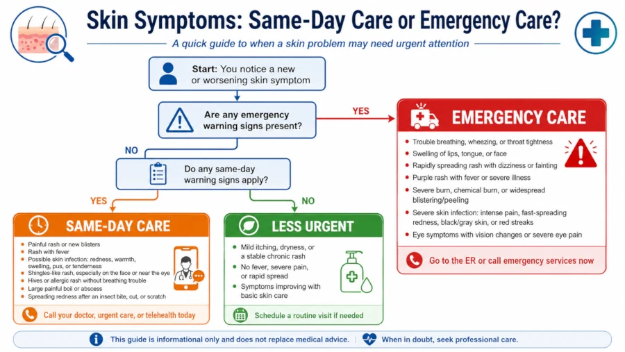 Decision tree showing when a skin symptom needs same-day care versus emergency care.