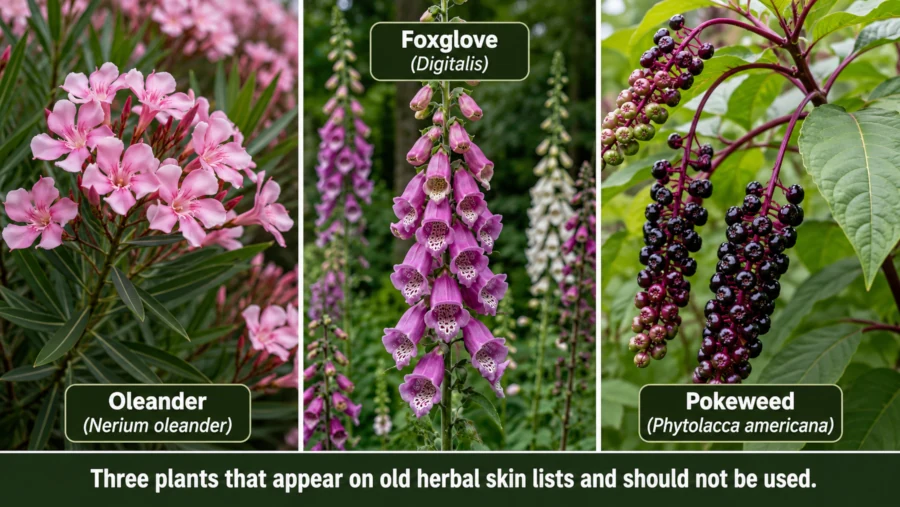Photo grid identifying oleander, foxglove and pokeweed. Caption: Three plants that appear on old herbal skin lists and should not be used.