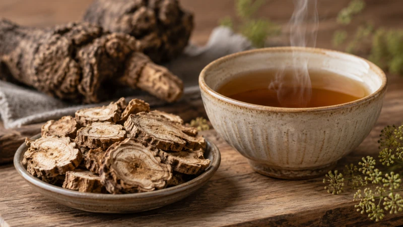Dried cut angelica root beside a cup of brewed angelica tea.