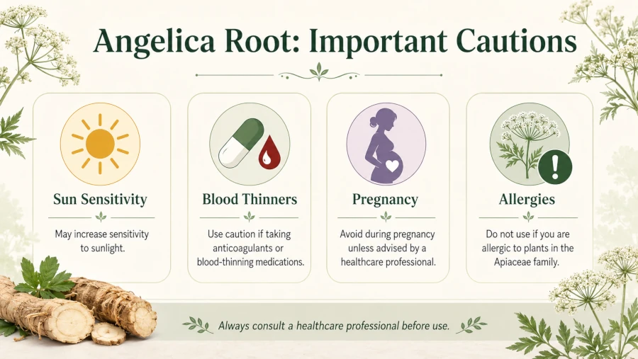 Summary graphic of angelica root cautions: sun sensitivity, blood thinners, pregnancy, allergies.