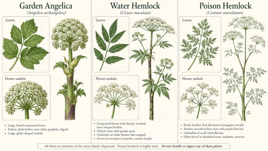 Side-by-side comparison of garden angelica, water hemlock, and poison hemlock leaves and flower umbels.