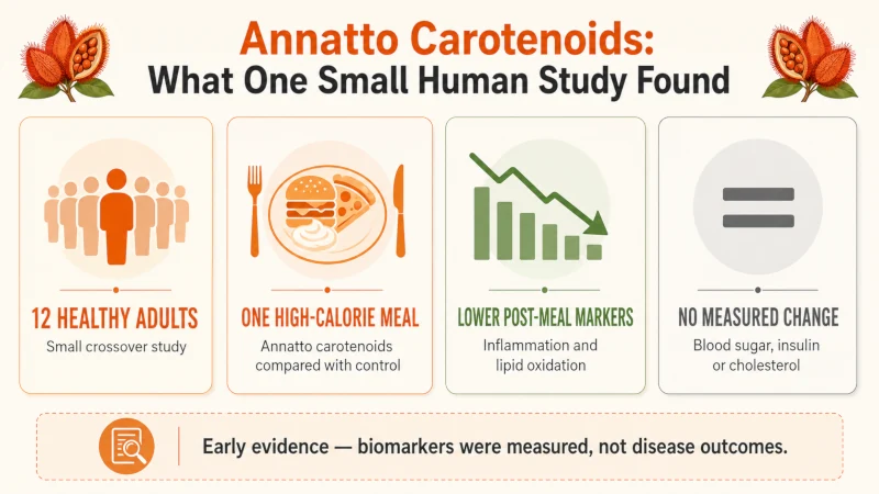 Infographic summarizing a 12-person annatto carotenoid study that measured inflammation markers after a high-calorie meal.