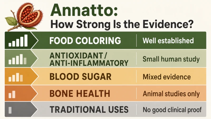 Evidence chart comparing scientific support for annatto food coloring, antioxidant effects, blood sugar, bone health, and traditional uses.