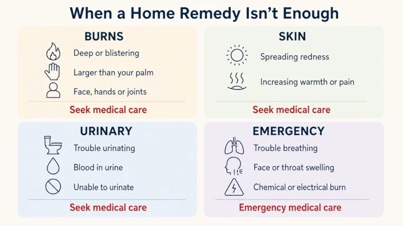 Medical red-flag infographic showing burn, skin infection, urinary, and severe allergic symptoms that need professional care.