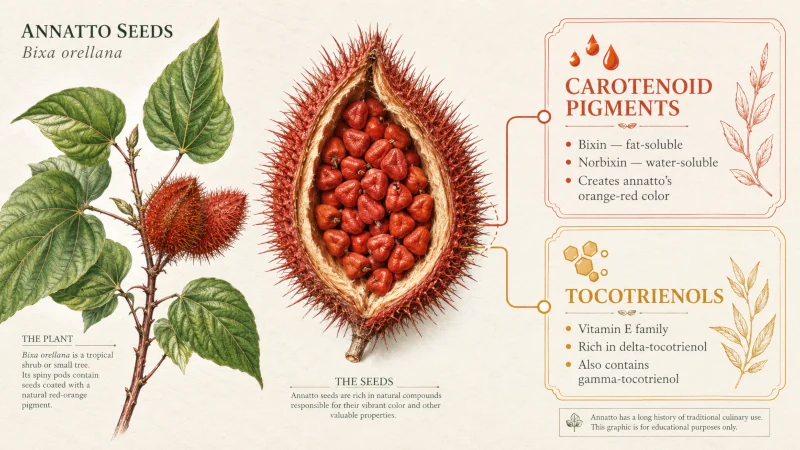 Botanical diagram showing annatto pods and seeds with bixin, norbixin, and delta-rich tocotrienols.