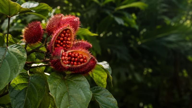 Ripe annatto seed pods opened to reveal vivid red-orange seeds on a Bixa orellana tree.