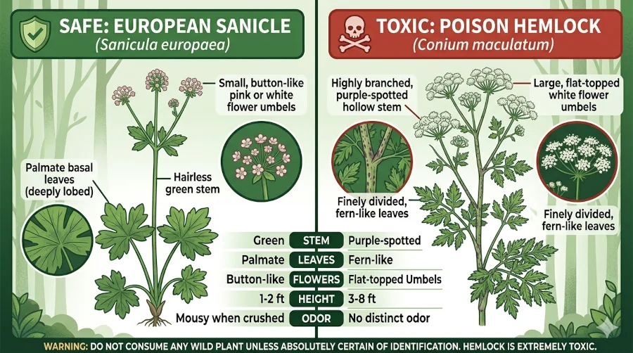 Side-by-side comparison of European sanicle and toxic hemlock highlighting key differences for safe identification.