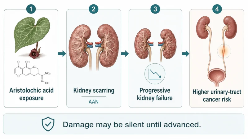 Medical infographic showing aristolochic acid exposure progressing to kidney scarring, kidney failure, and increased upper urinary tract cancer risk.