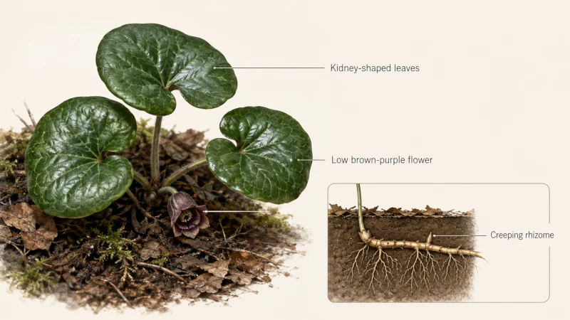 Botanical identification illustration of Asarum europaeum showing kidney-shaped leaves, a low brown-purple flower, and creeping rhizome.
