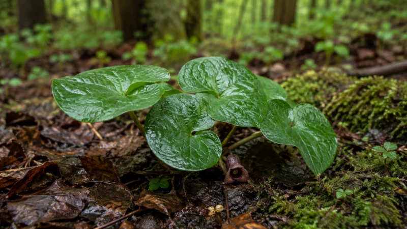 Asarum europaeum wild ginger growing on a shaded forest floor with glossy kidney-shaped leaves and a small brown-purple flower.