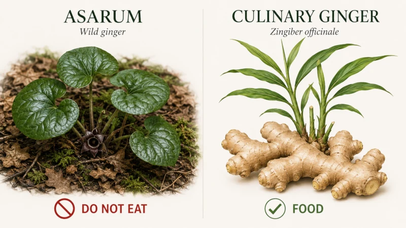 Side-by-side comparison of toxic Asarum wild ginger and edible culinary ginger, Zingiber officinale.