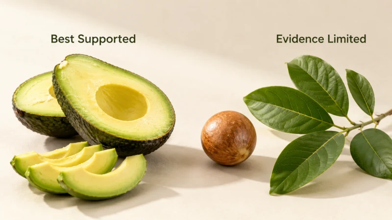 Avocado flesh, seed, and leaves separated to illustrate differences in evidence and safety