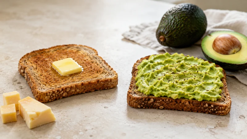 Avocado toast beside butter and cheese illustrating a heart healthier fat swap