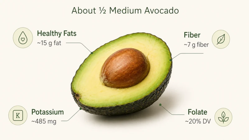 Half avocado with visual callouts for healthy fat, fiber, potassium, and folate