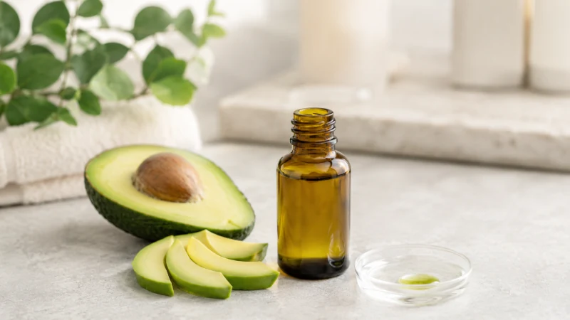 Small bottle of avocado oil beside sliced avocado for topical skin moisturizing