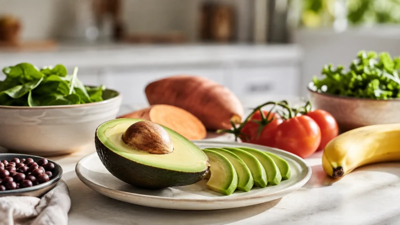 Fresh avocado with potassium rich vegetables and whole foods on a kitchen table