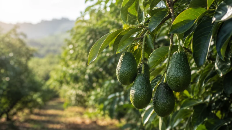 Ripe avocados growing on an avocado tree among glossy green leaves