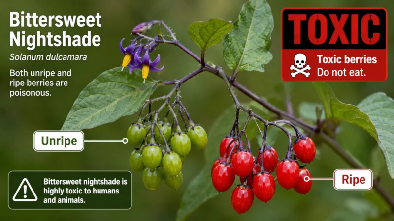 Green unripe and red ripe bittersweet nightshade berries labeled as toxic