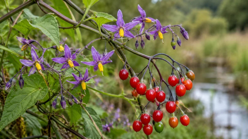 Bittersweet nightshade with purple star-shaped flowers and clusters of red berries