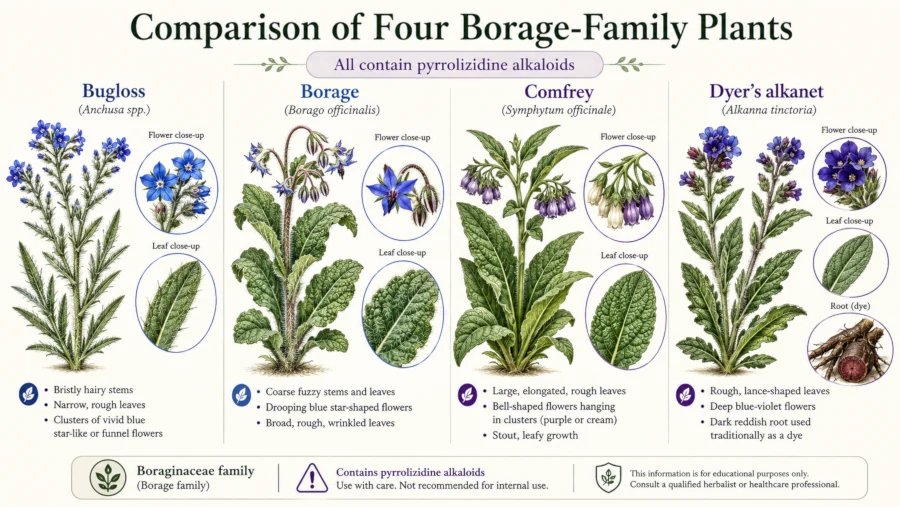Comparison of four borage-family plants — bugloss, borage, comfrey and dyer's alkanet — all containing pyrrolizidine alkaloids
