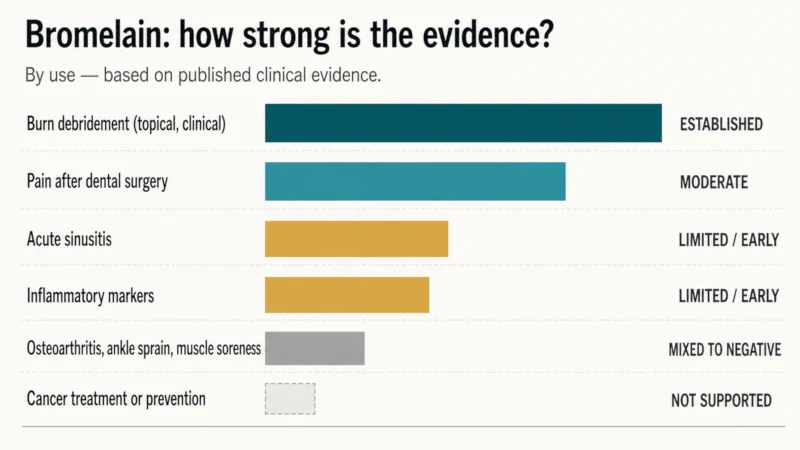 Horizontal evidence-strength chart grading bromelain uses from established evidence for clinical burn debridement to unsupported evidence for cancer treatment or prevention.