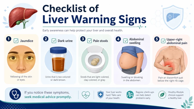 Checklist of liver warning signs including jaundice, dark urine, pale stools, abdominal swelling and upper-right abdominal pain