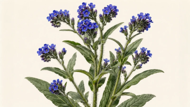 Bugloss plant (Anchusa azurea) showing bristly stems, lance-shaped leaves and deep blue-violet flowers