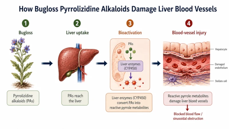 Diagram showing pyrrolizidine alkaloids from bugloss converted by liver enzymes into pyrrole metabolites that damage liver blood vessels