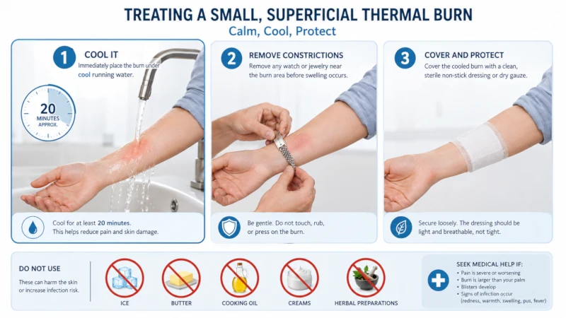 Step-by-step illustration of cooling a minor burn under cool running water, then covering it