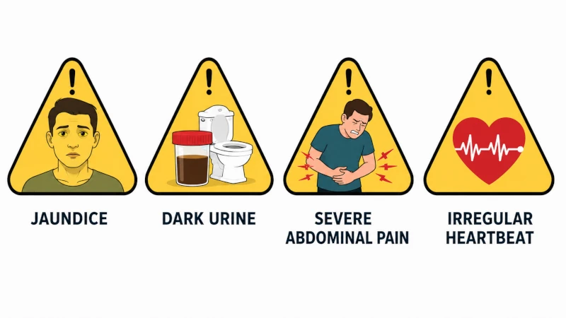 Warning-sign icons: jaundice, dark urine, severe abdominal pain, irregular heartbeat.