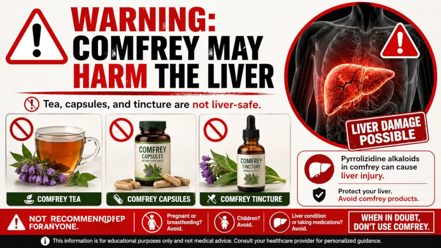 Warning graphic showing comfrey tea, capsules, and tincture marked unsafe for the liver.