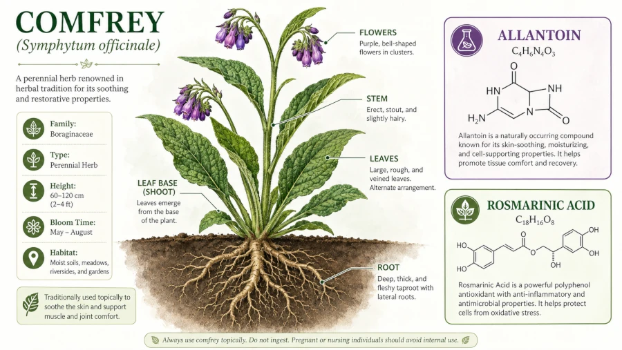 Labeled comfrey plant showing root and the compounds allantoin and rosmarinic acid.
