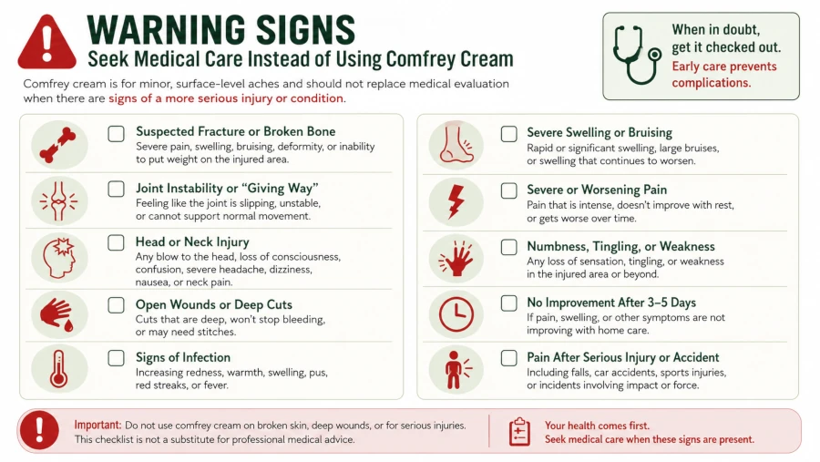 Checklist of warning signs that need medical care instead of comfrey cream.