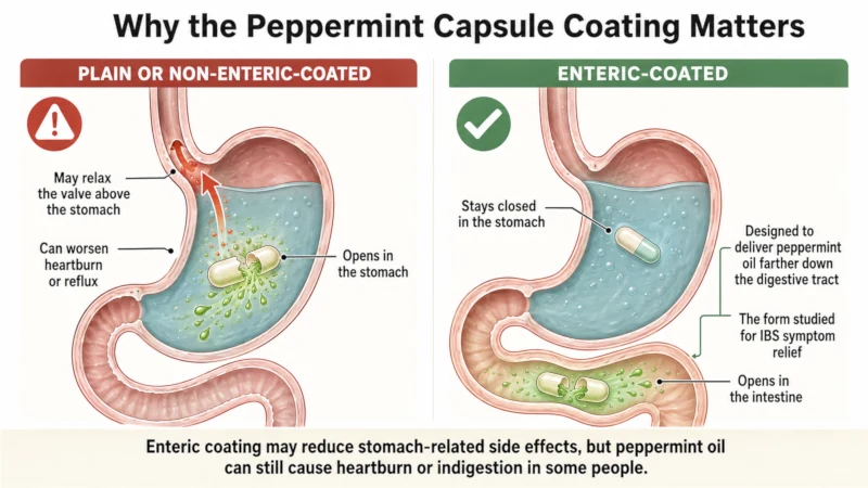 Diagram showing enteric-coated peppermint capsule opening in the intestine instead of the stomach.