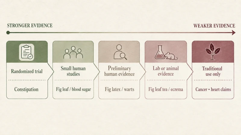 Evidence ladder showing stronger human research for constipation and weaker evidence for other claimed fig benefits