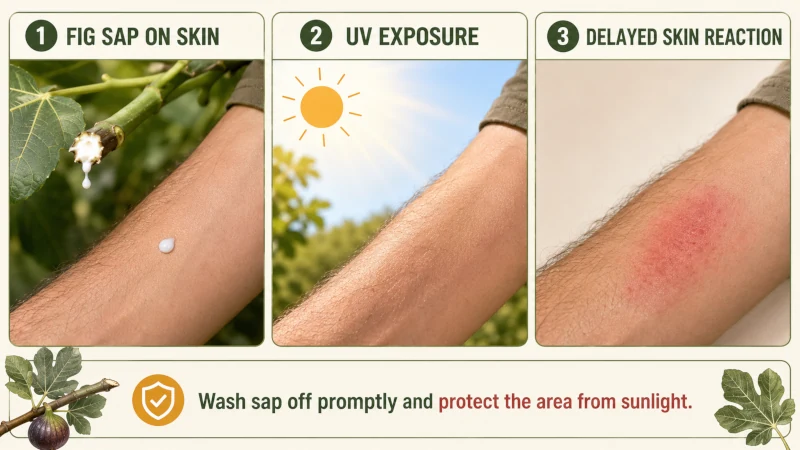 Three-step illustration showing fig sap touching skin, sunlight exposure and a later red skin reaction