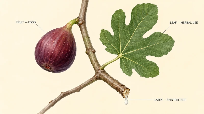 Botanical diagram identifying fig fruit, fig leaves and milky latex sap from a fig tree branch