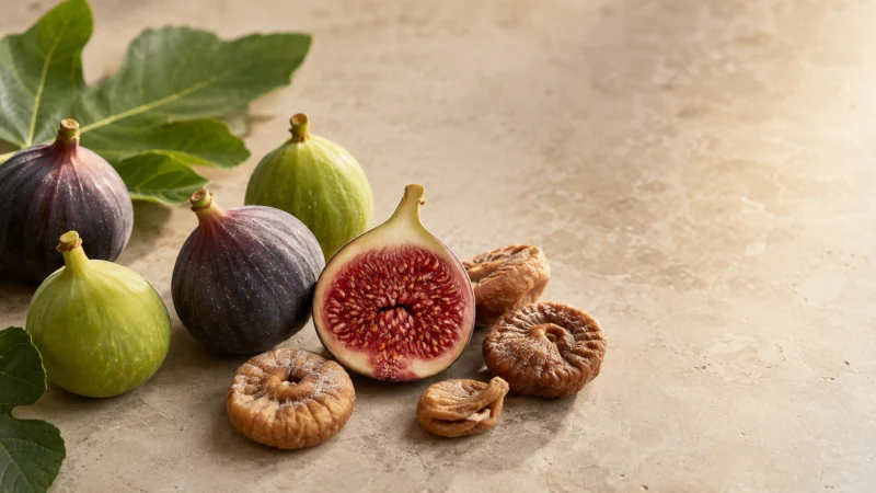 Fresh and dried figs arranged beside a halved ripe fig showing its red interior
