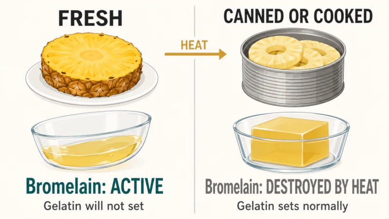 Two-panel comparison showing active bromelain in fresh pineapple preventing gelatin from setting and heat-destroyed bromelain in canned or cooked pineapple allowing gelatin to set.