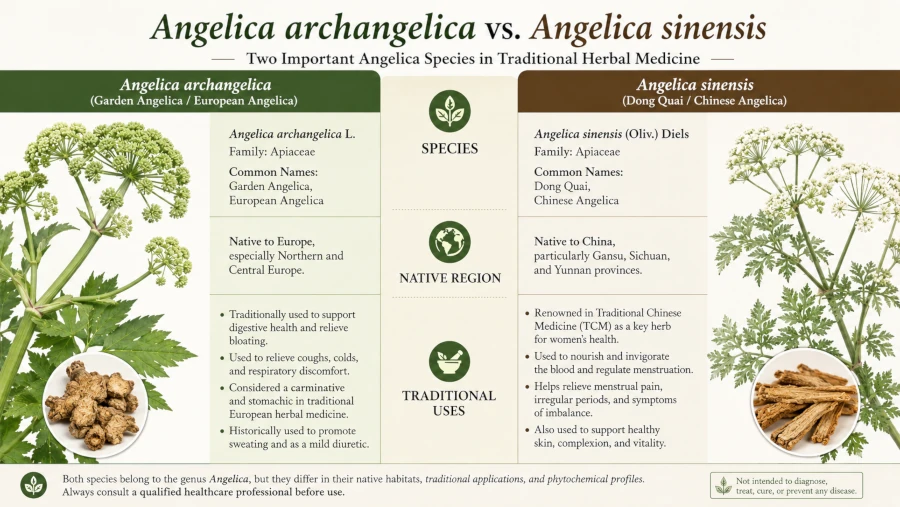 Comparison of Angelica archangelica and Angelica sinensis showing species, region, and traditional uses.