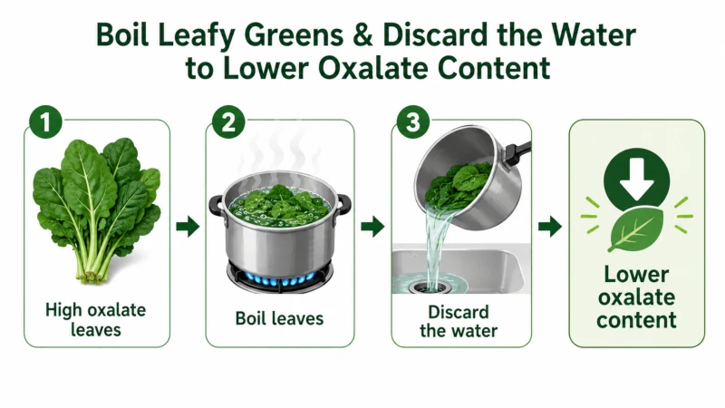 Simple graphic showing that boiling the leaves and discarding the water lowers oxalate content.