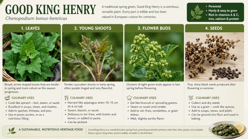 Leaves, young shoots, flower buds, and seeds of Good King Henry with their culinary uses.