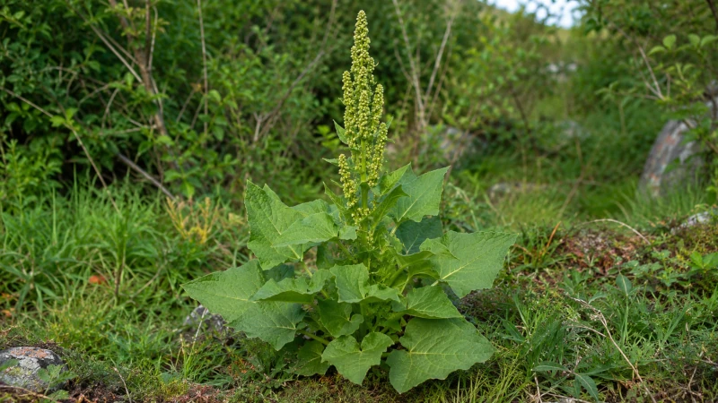The Allgood or Good King Henry plant showing arrow-shaped leaves and a tall greenish flower spike.
