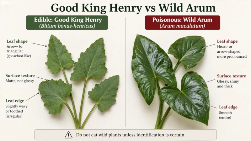 Side-by-side comparison of edible Good King Henry leaves and poisonous wild arum leaves.