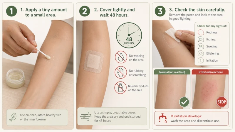 Three-step illustration of patch testing a plant preparation on the inner forearm over 48 hours