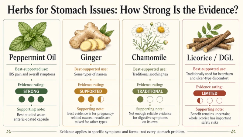 Chart grading evidence for herbs for stomach issues such as peppermint, ginger, chamomile and licorice.