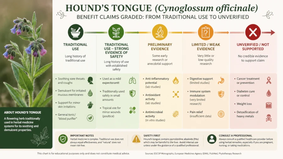 Chart grading hound's tongue benefit claims from traditional use to unverified